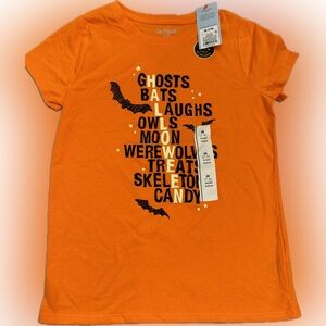 Cat & Jack Girls 7/8 Halloween Tee Shirt Orange Short Sleeve Top Glow in Dark